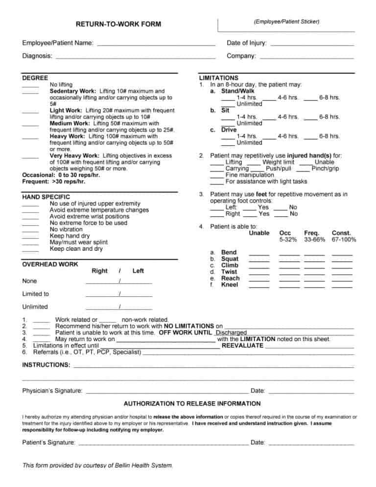 doctor printable return to work form doctor printable return to work form