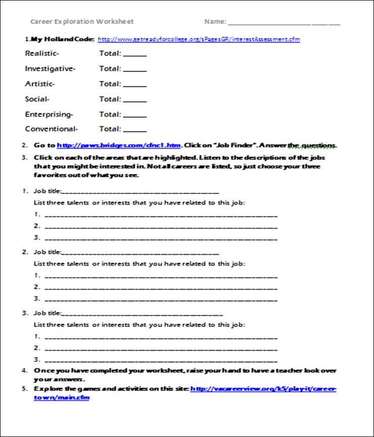 free printable career worksheets for middle school