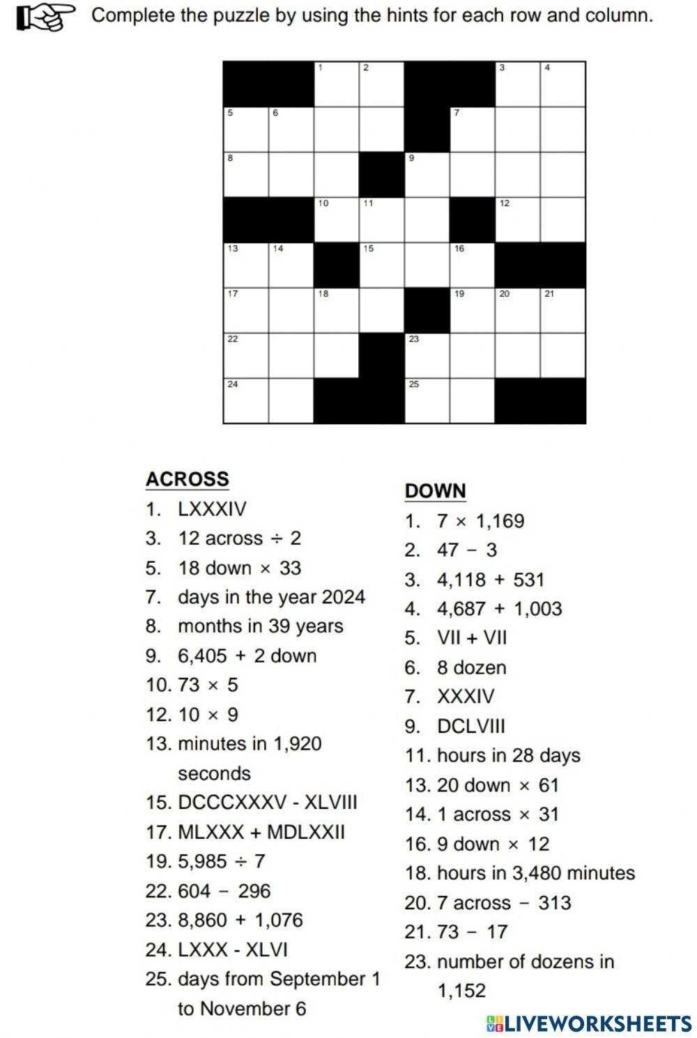 math crossword puzzles printable free