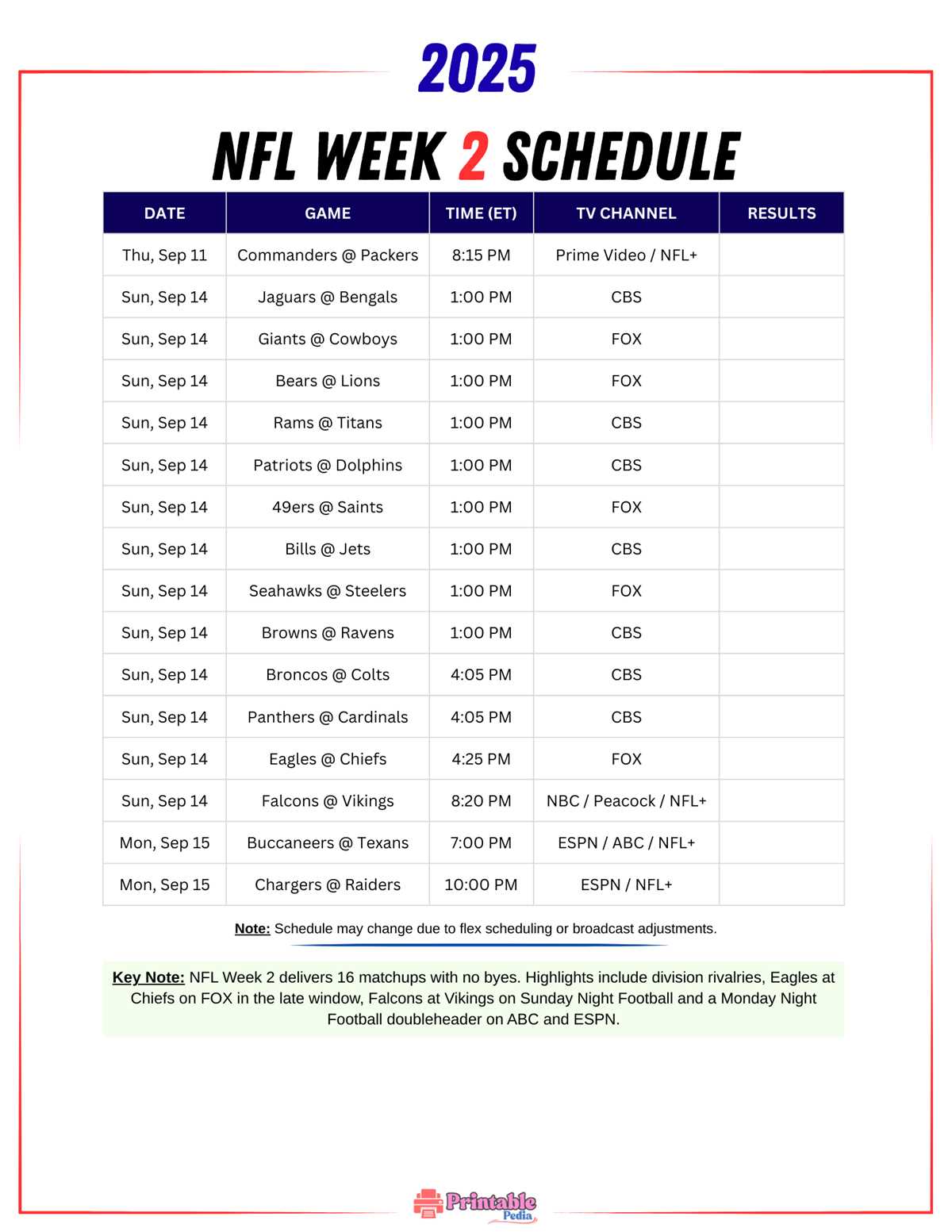 nfl week 2 printable schedule nfl week 2 printable schedule