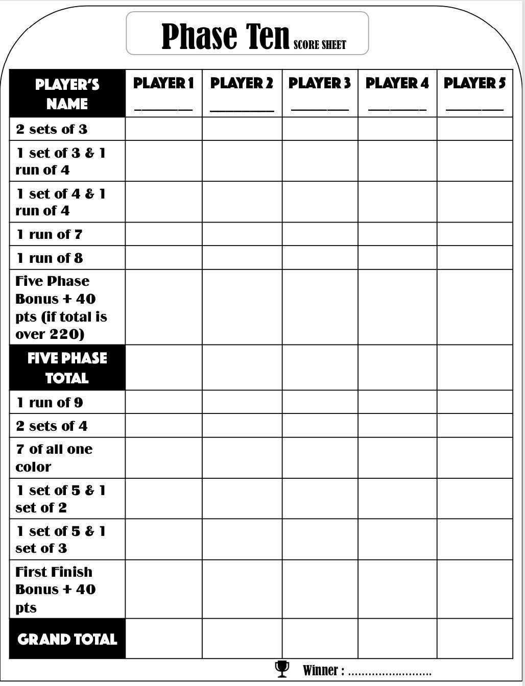 phase 10 printable score sheet phase 10 printable score sheet