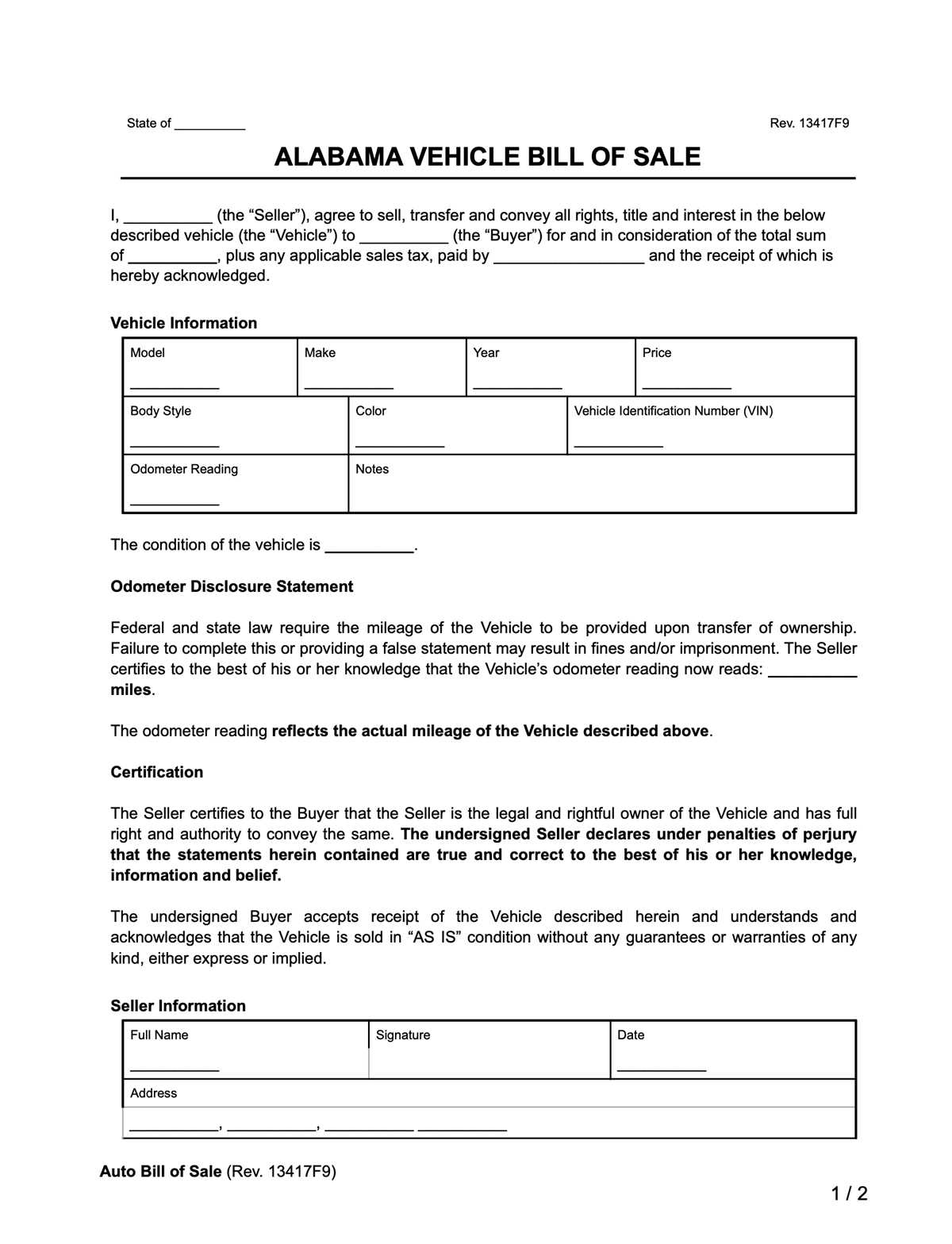 printable blank bill of sale alabama