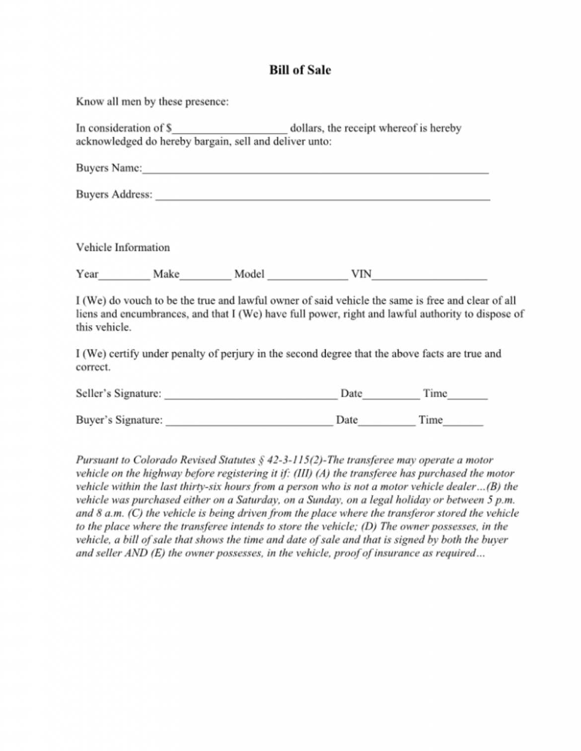 printable colorado bill of sale printable colorado bill of sale