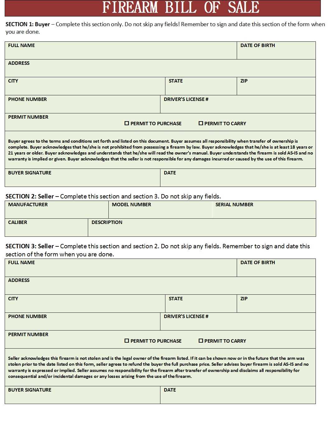 printable firearm bill of sale printable firearm bill of sale