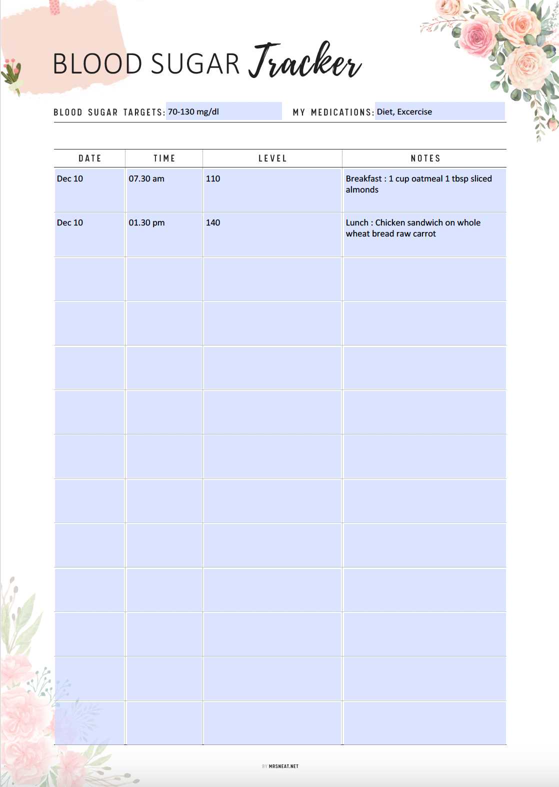 printable glucose log