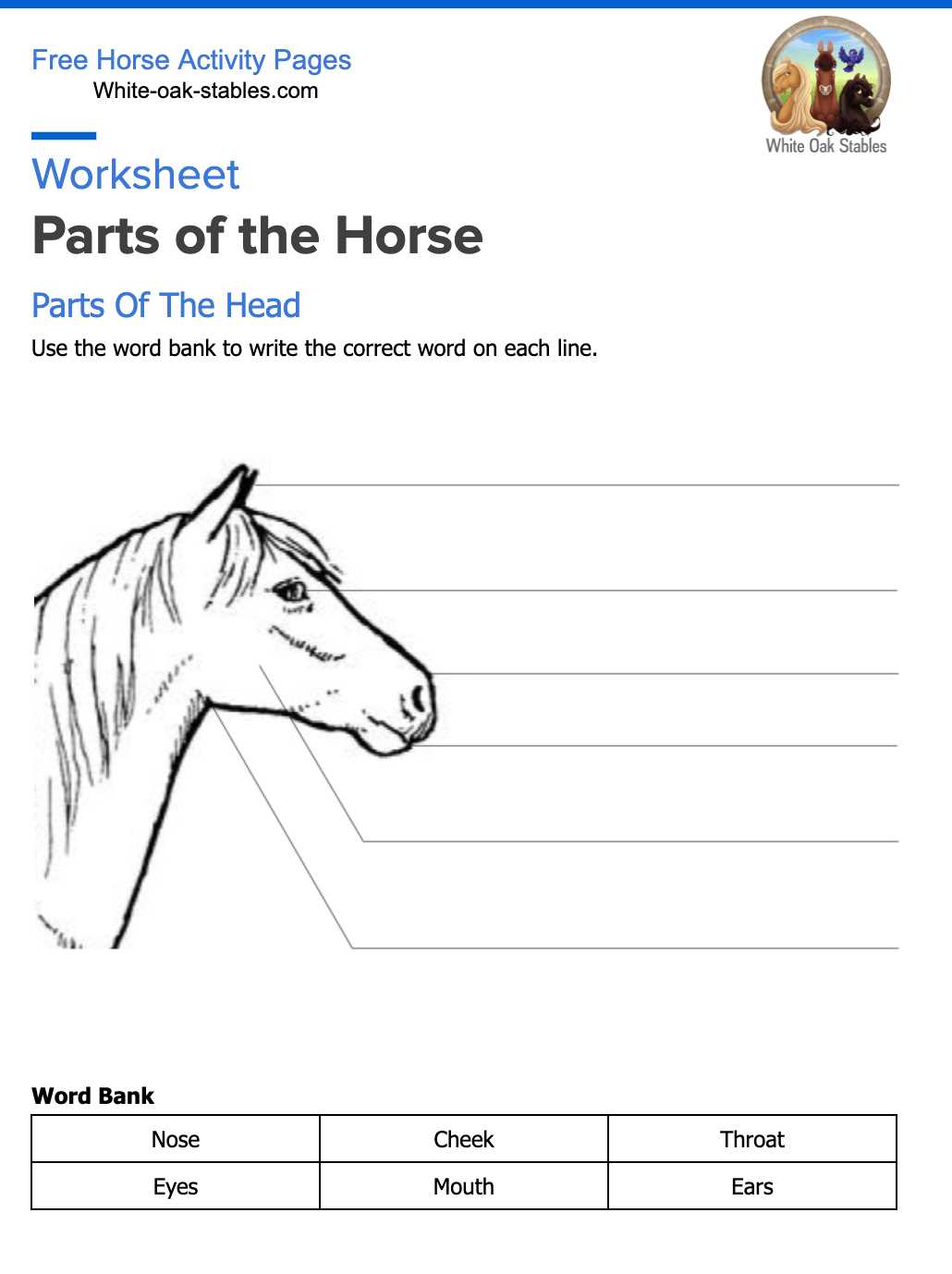 printable parts of the horse worksheet