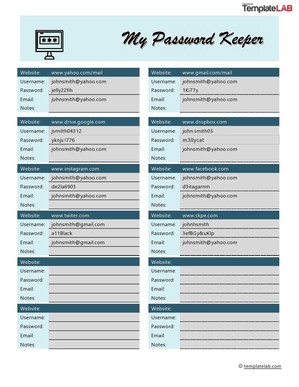 printable password sheet