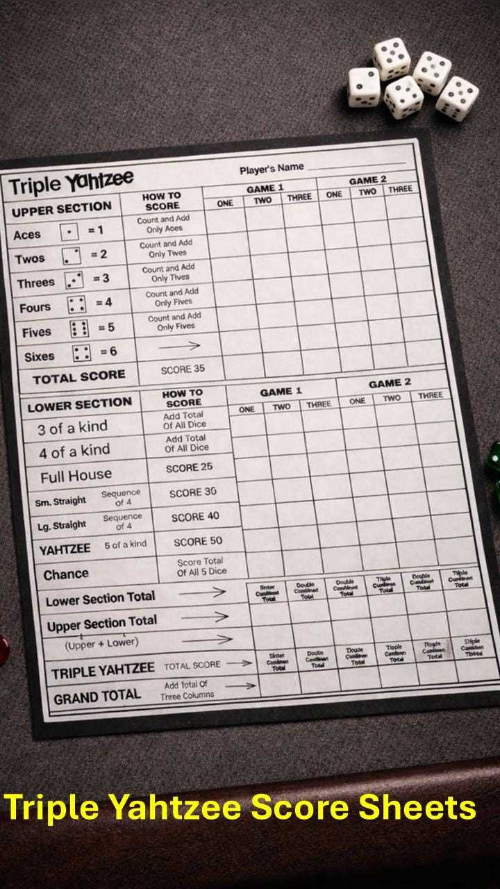 printable triple yahtzee score card printable triple yahtzee score card