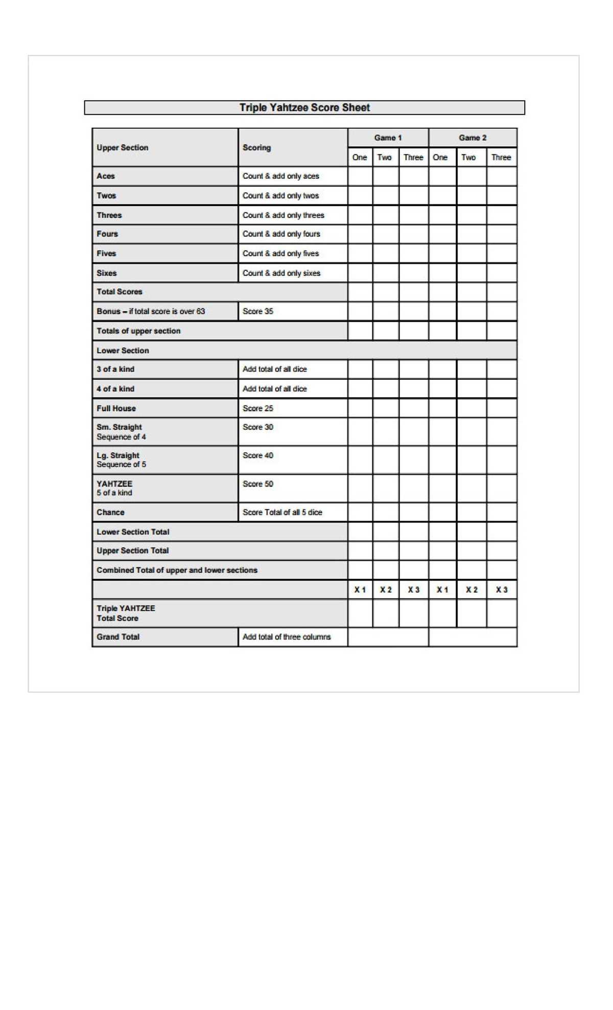 printable triple yahtzee score sheets 2 per page printable triple yahtzee score sheets 2 per page