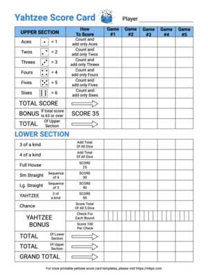 printable yahtzee card printable yahtzee card