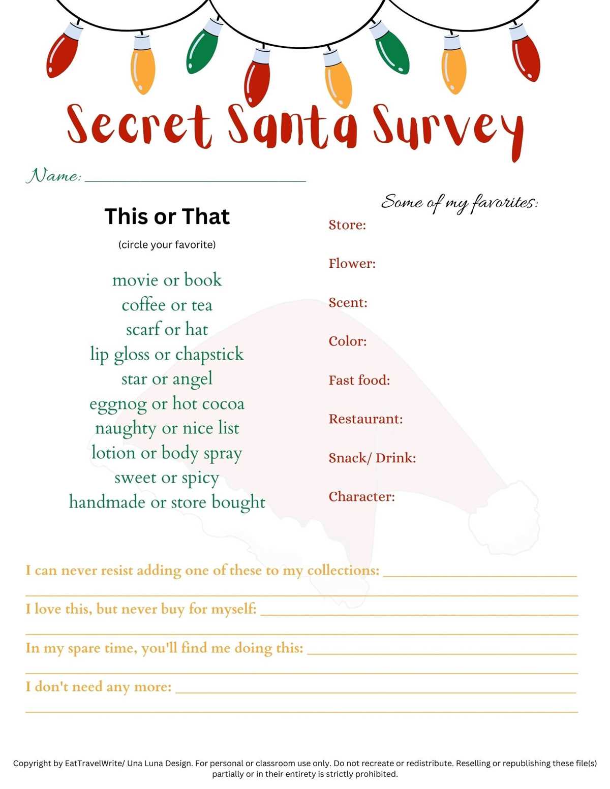 secret santa survey printable secret santa survey printable