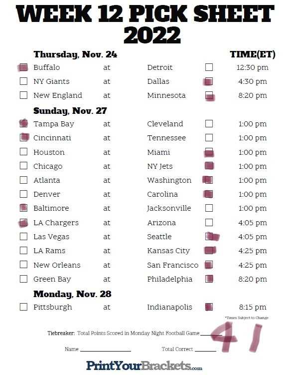 week 12 printable nfl schedule