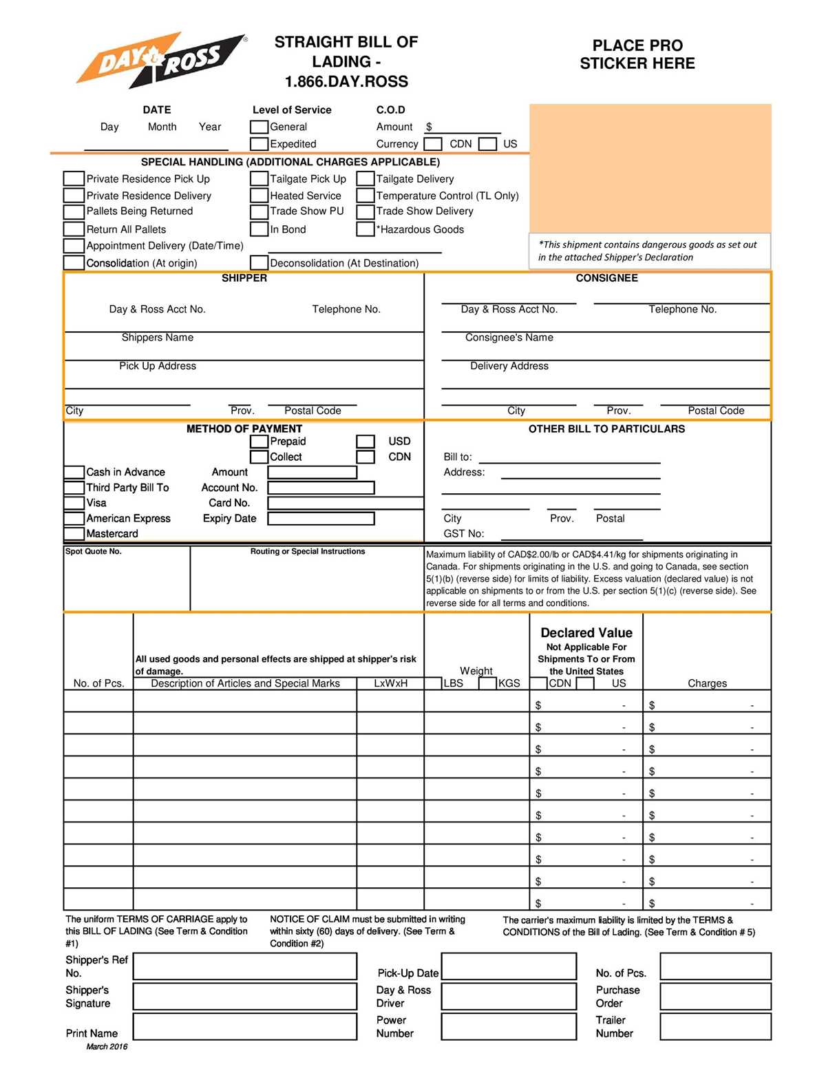 bill of lading printable form