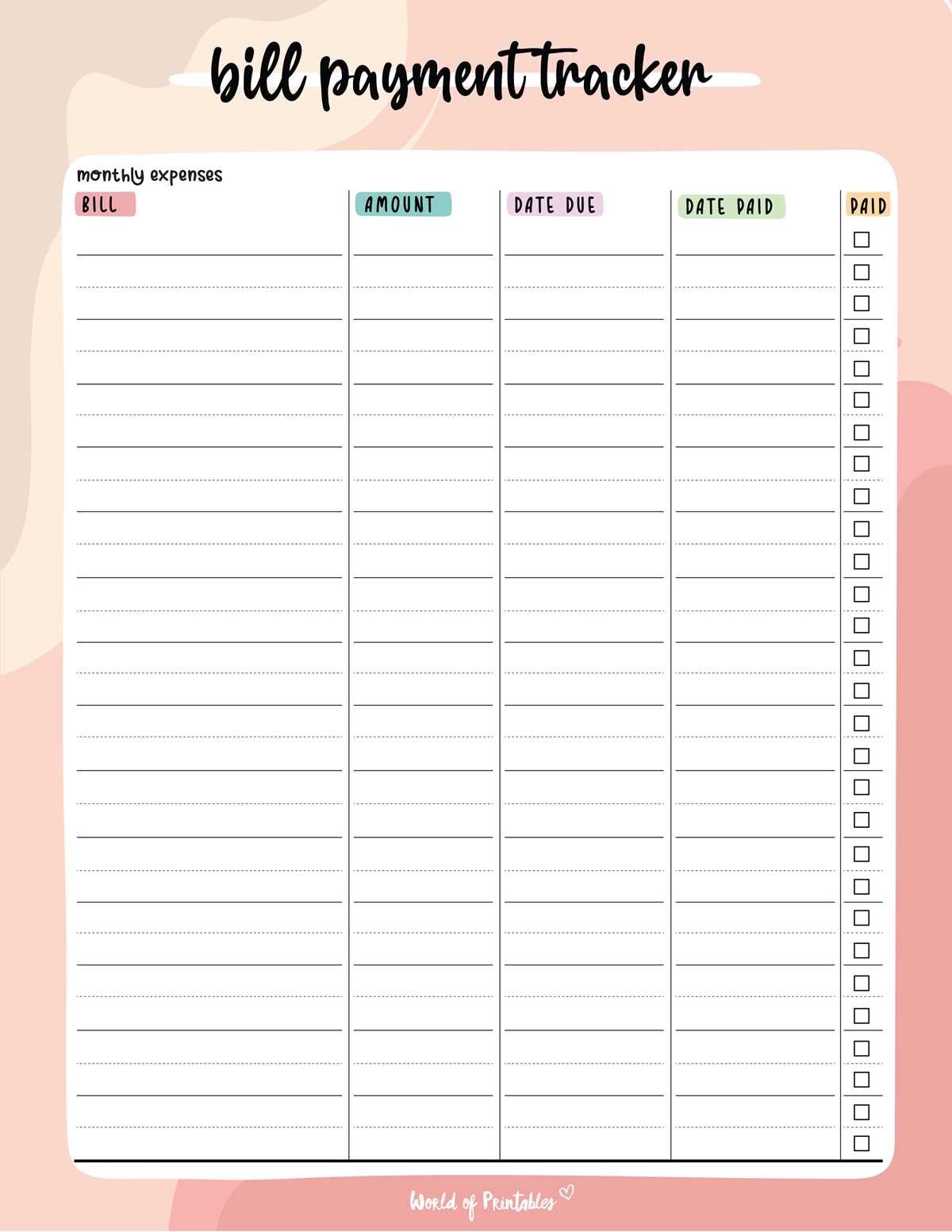 bill payment tracker printable