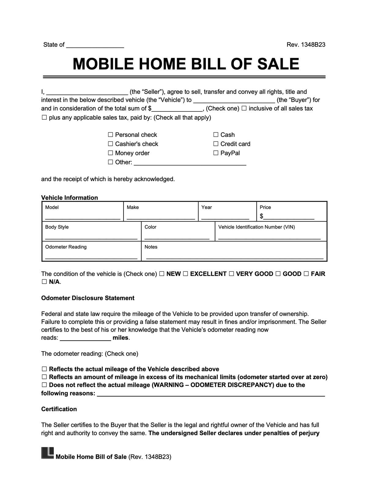 free printable mobile home bill of sale free printable mobile home bill of sale