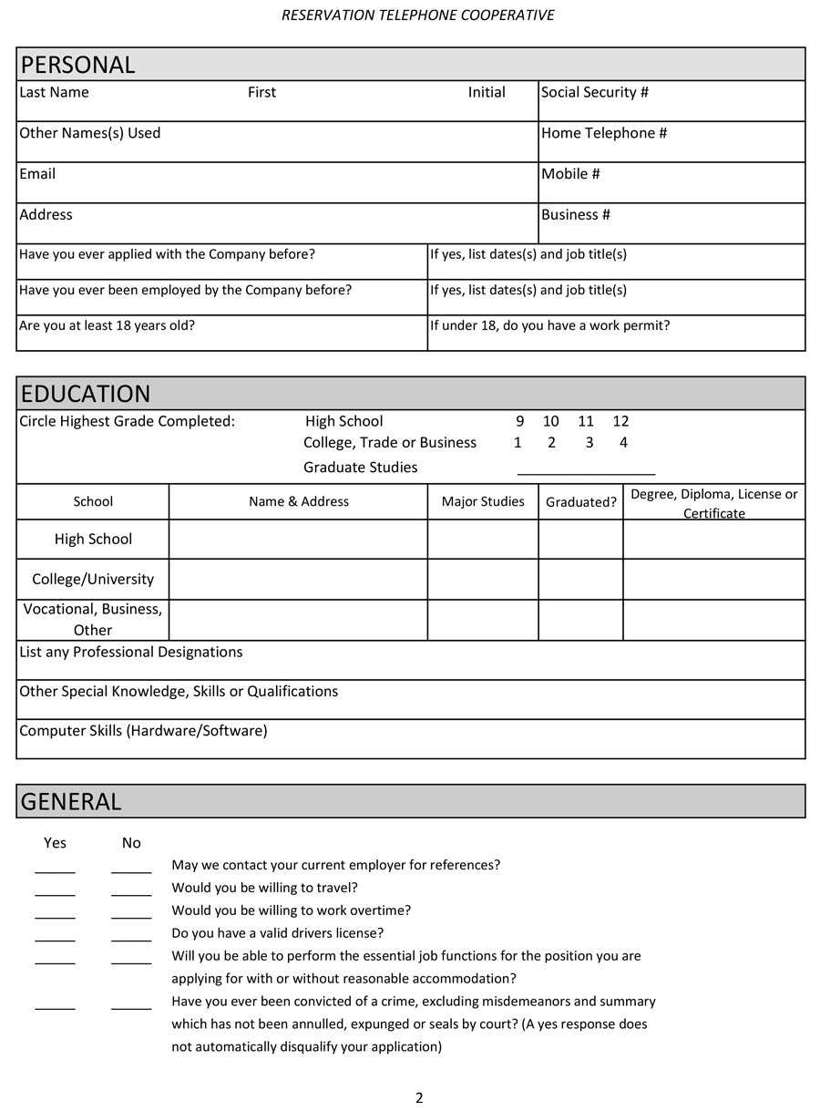 printable job applications for employers