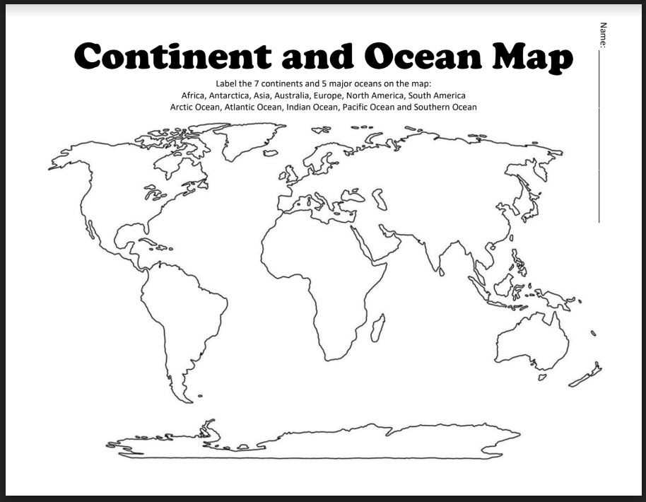 continents and oceans blank map printable