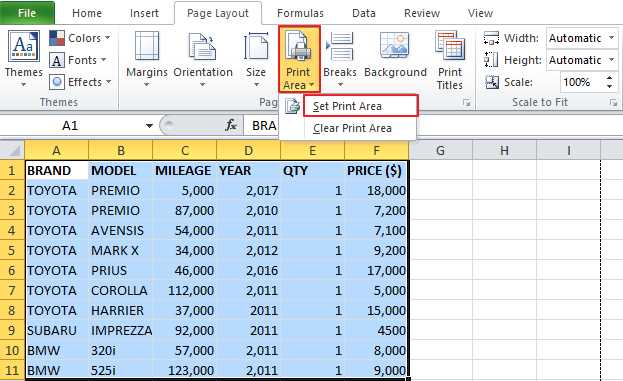 how to set printable area in excel
