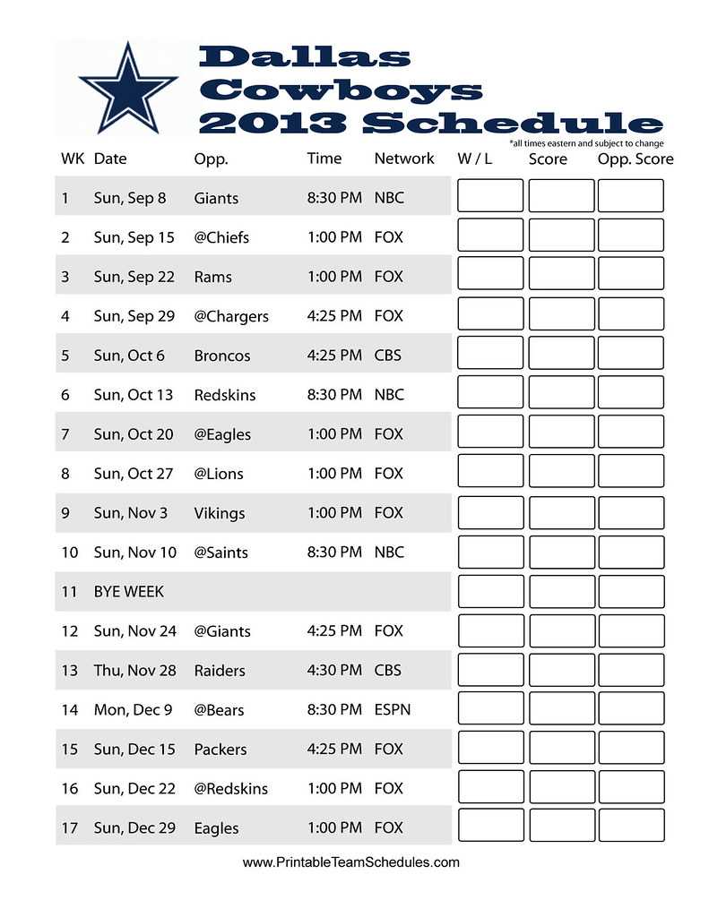 dallas cowboys printable football schedule dallas cowboys printable football schedule