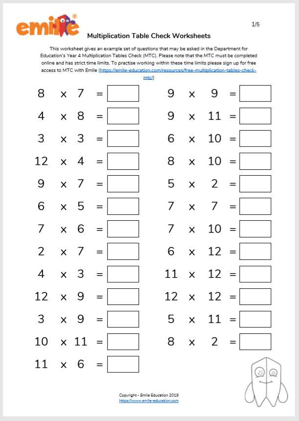 printable multiplication table test