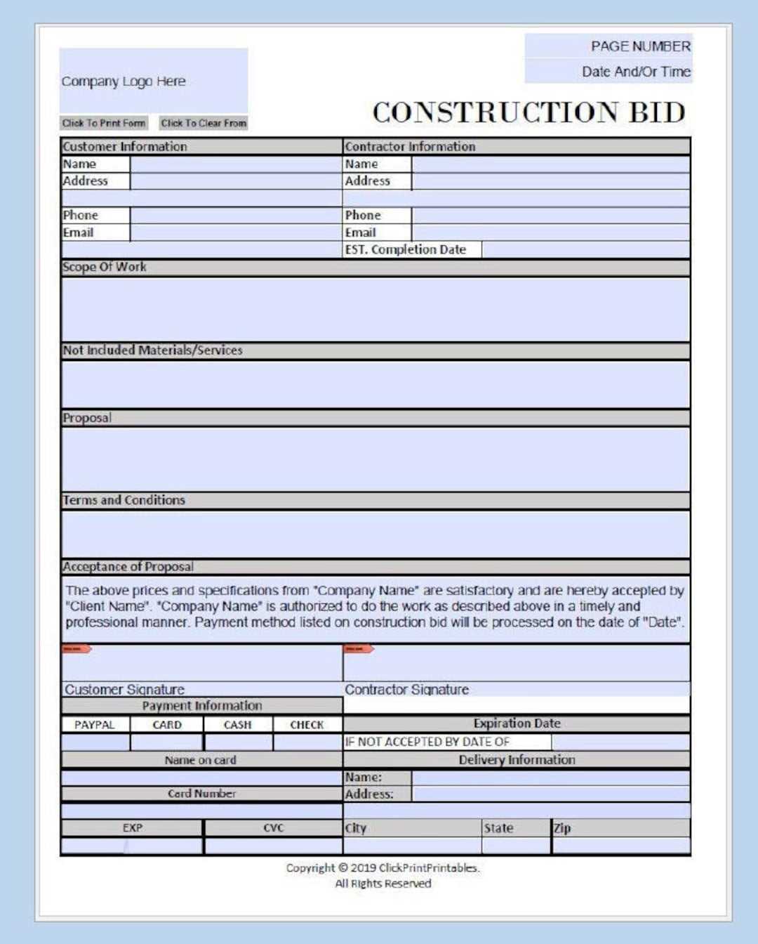 printable construction proposal template printable construction proposal template