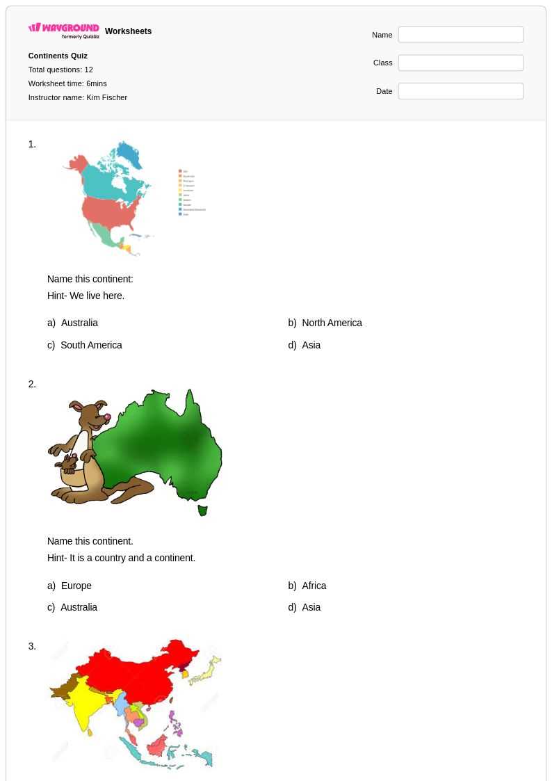 free printable continent worksheets