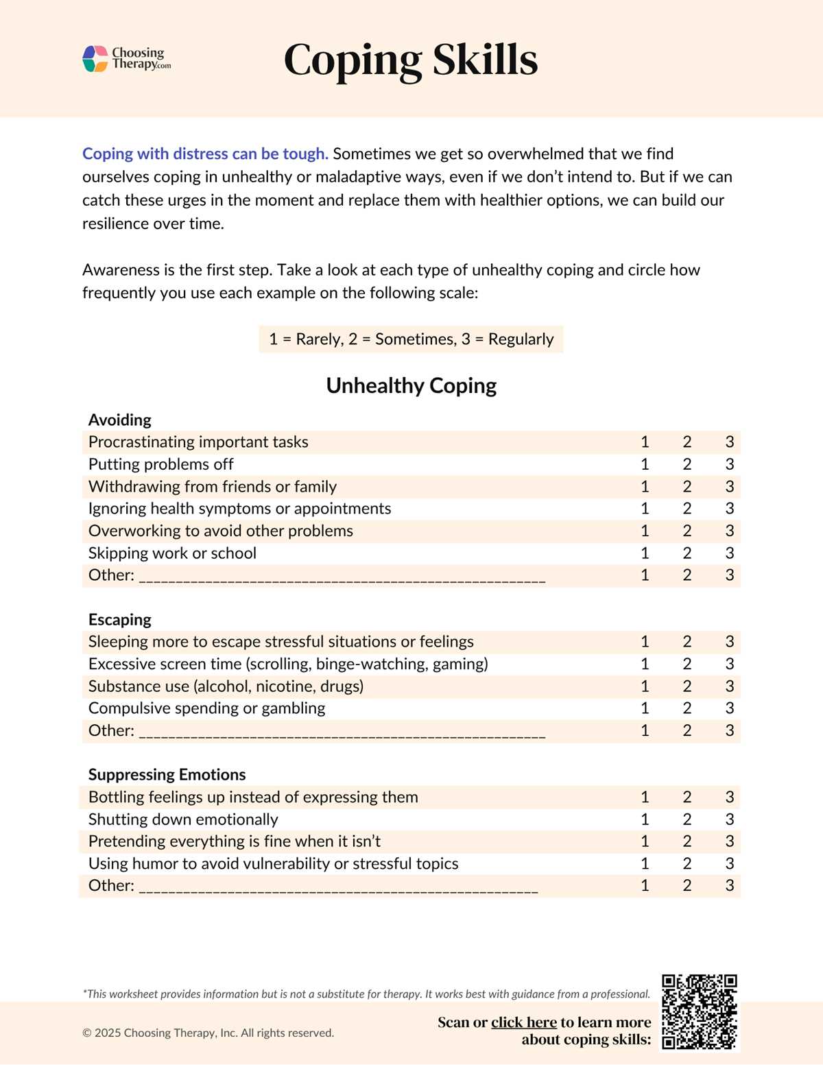 free printable coping skills worksheets for adults