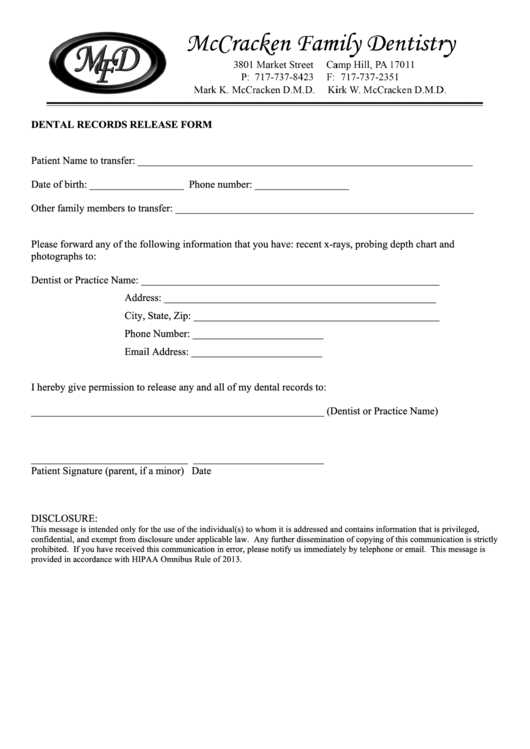 free printable dental records release form free printable dental records release form