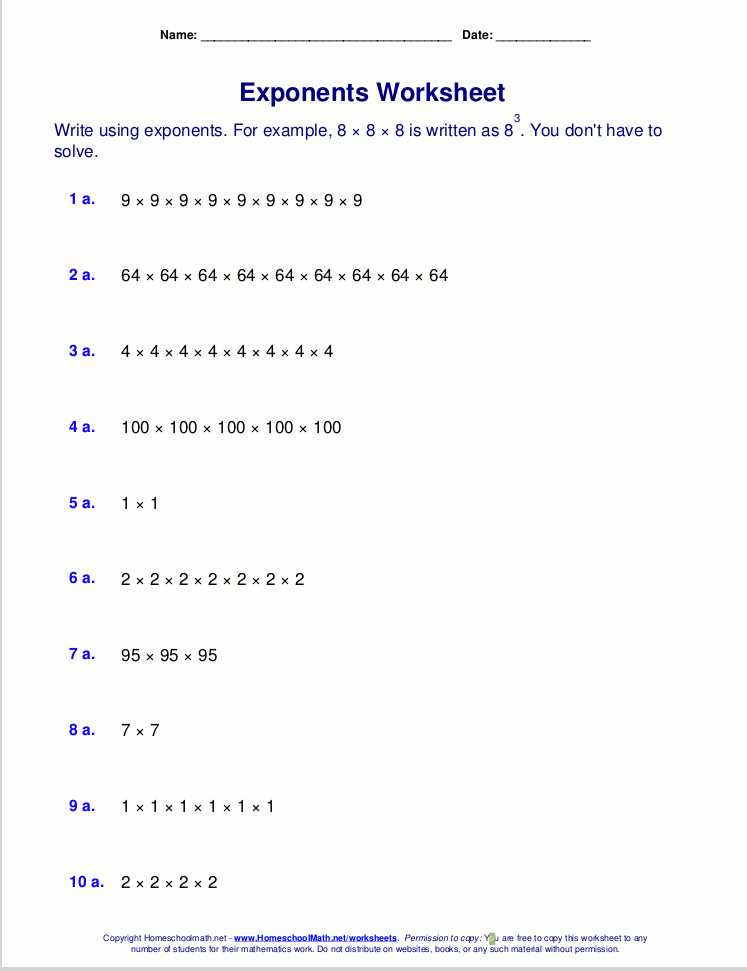 free printable exponents worksheets
