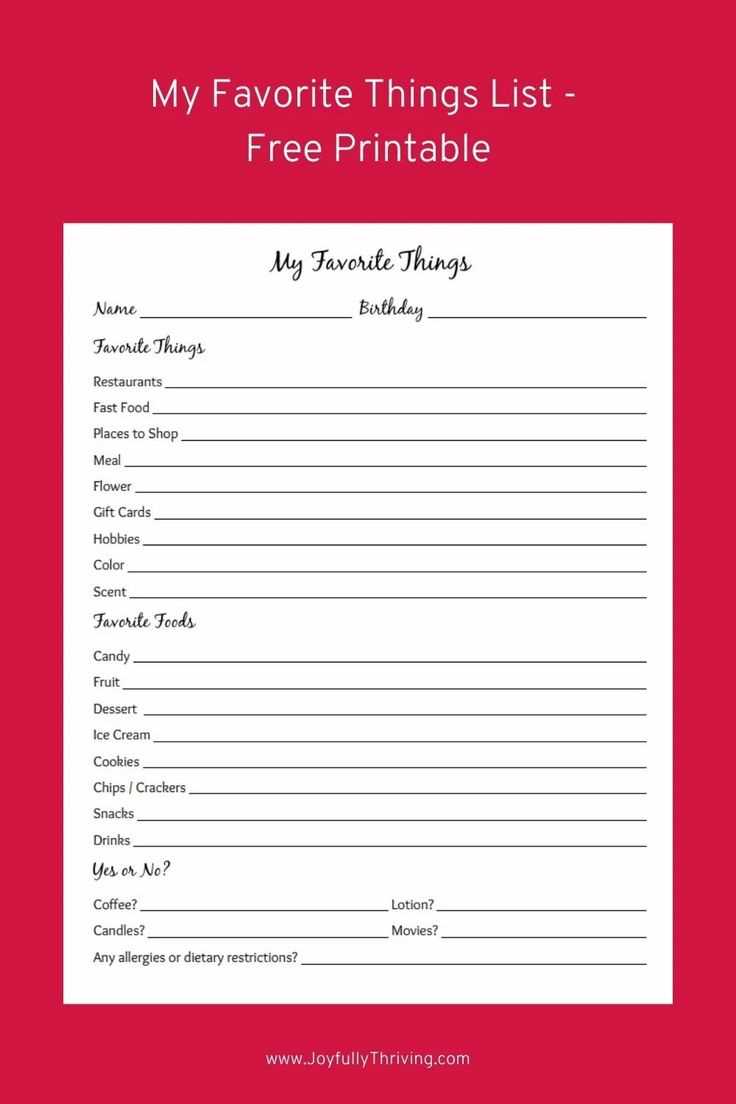 free printable favorite things list