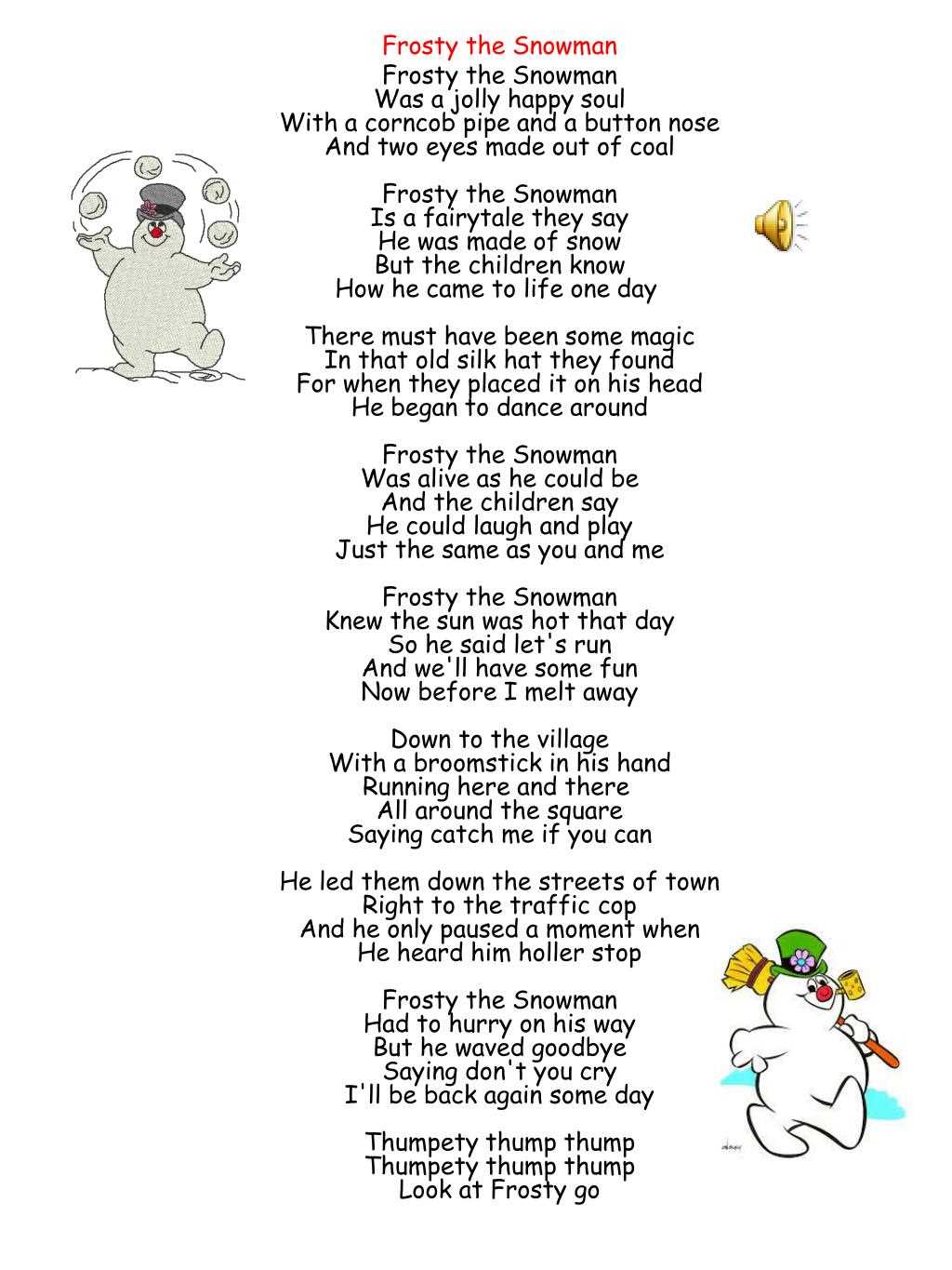frosty the snowman song lyrics printable