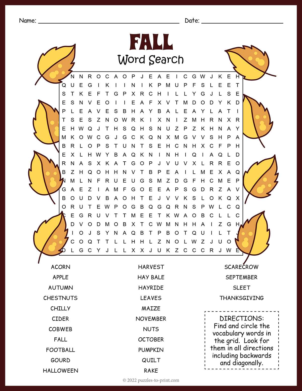fall word search printable