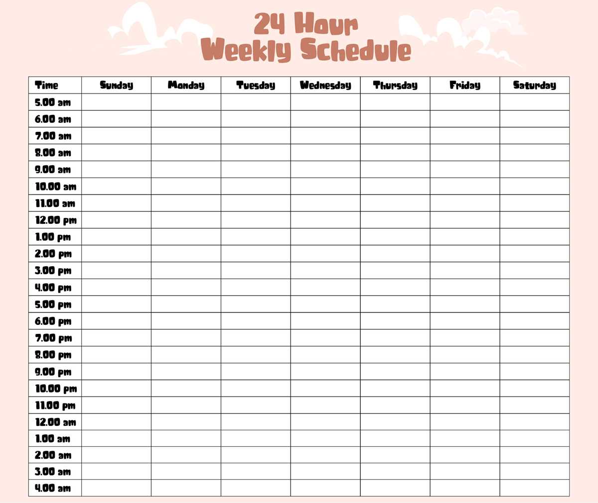 hour schedule printable hour schedule printable