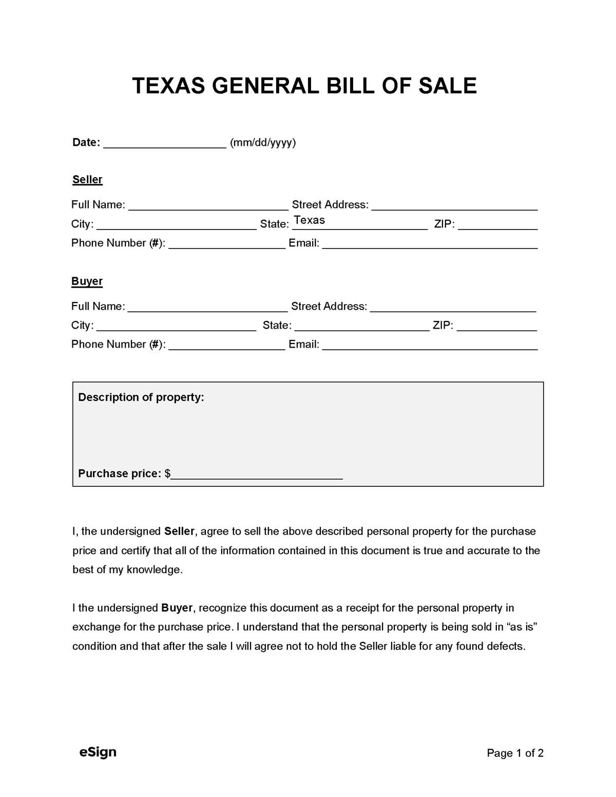 printable bill of sale texas printable bill of sale texas