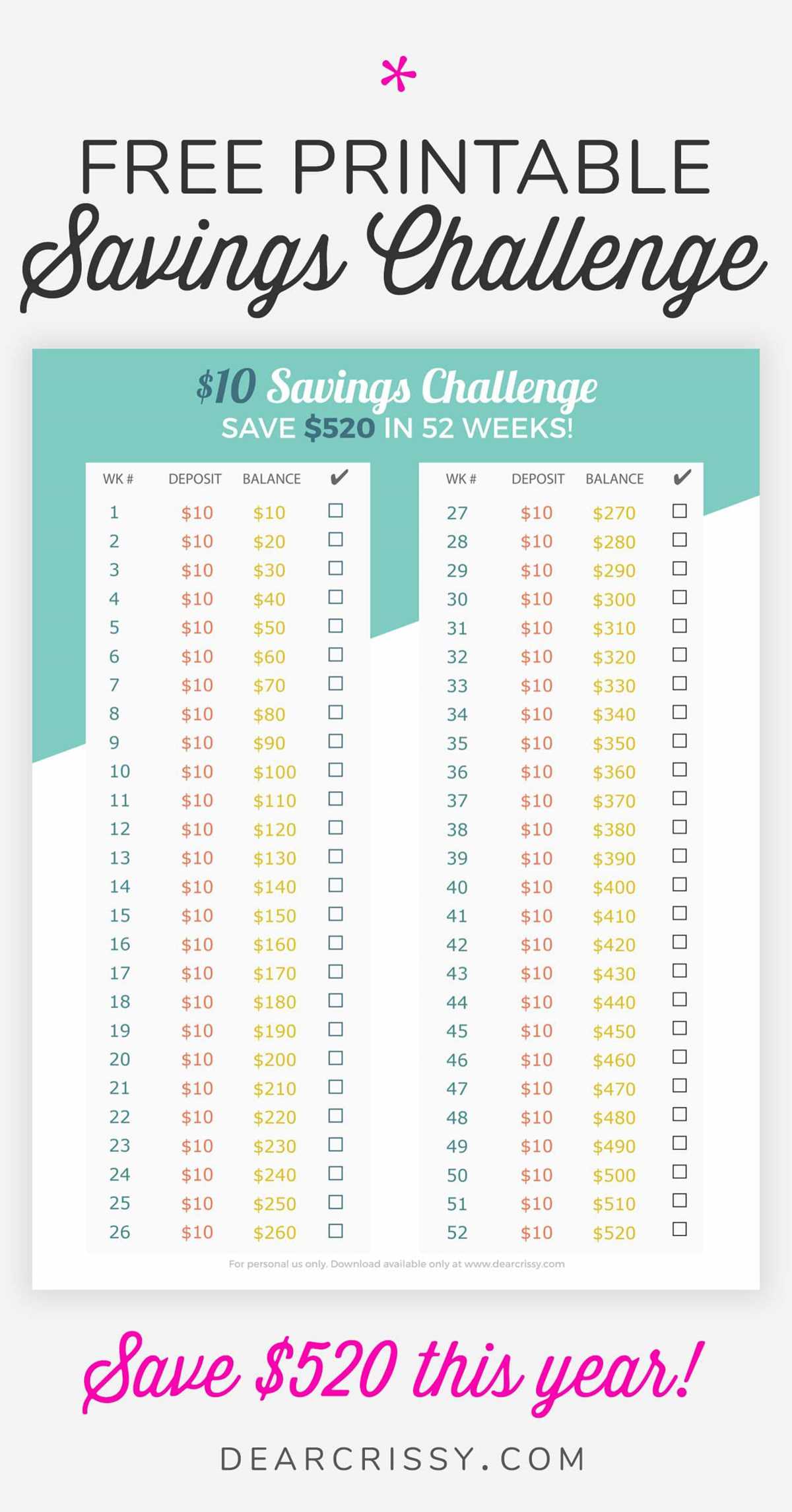 printable savings challenge
