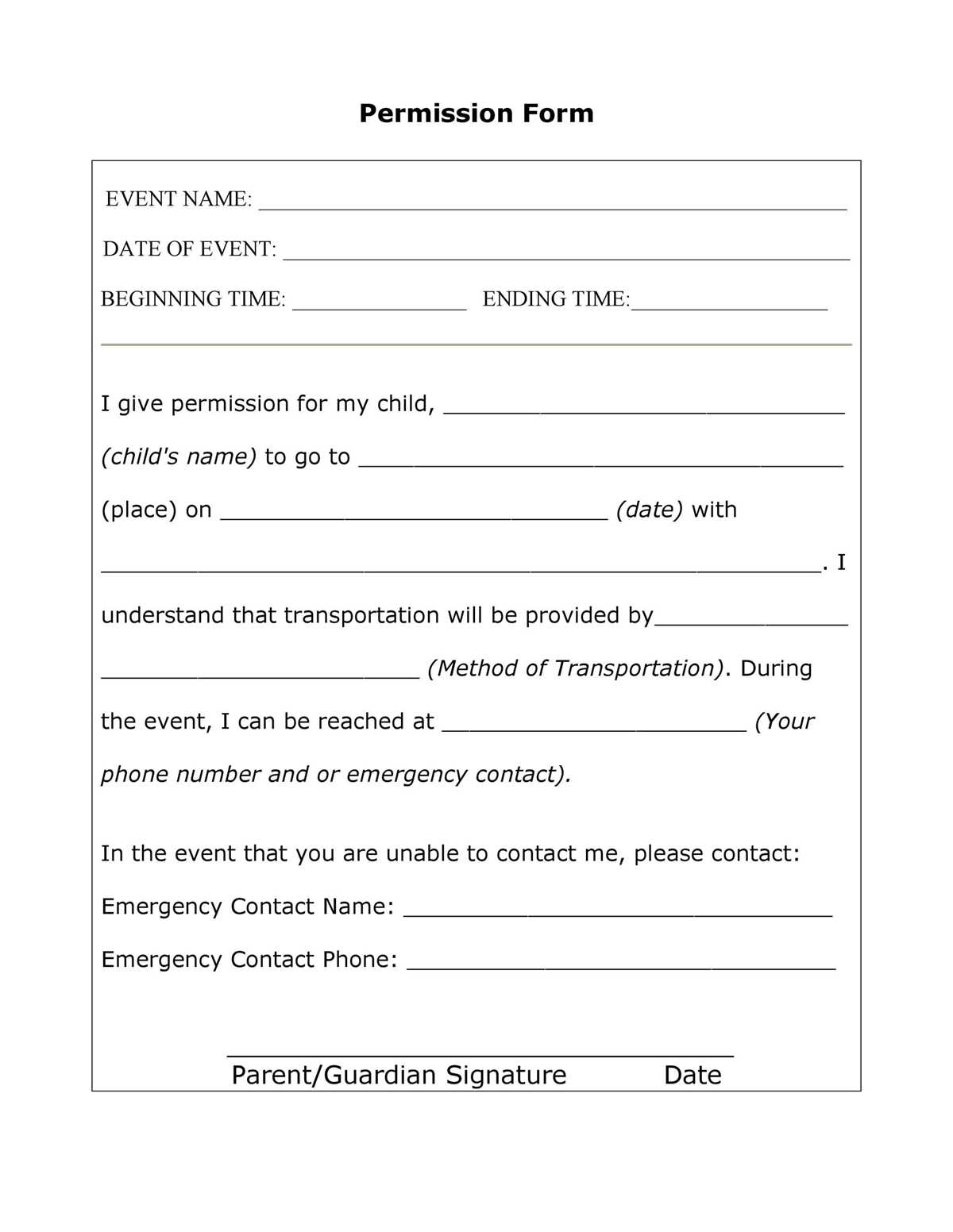free printable church permission slips