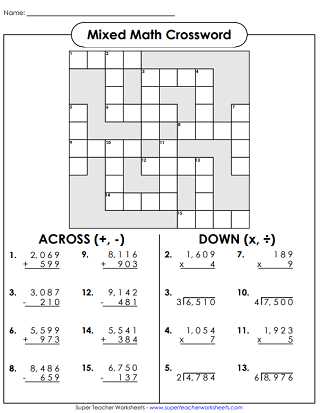 math crossword puzzles printable free