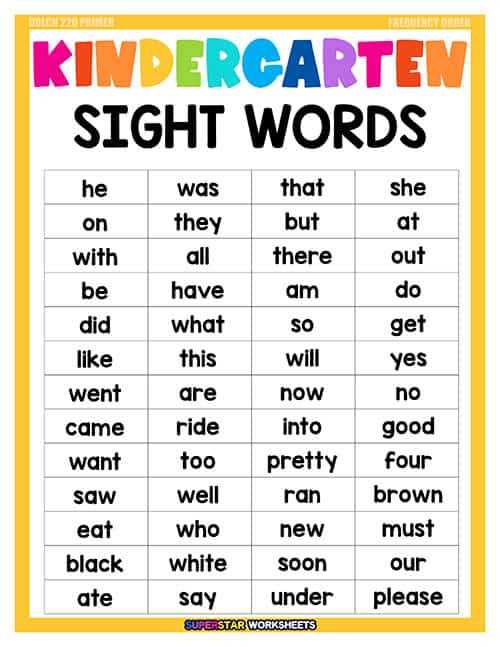 list of kindergarten sight words printable