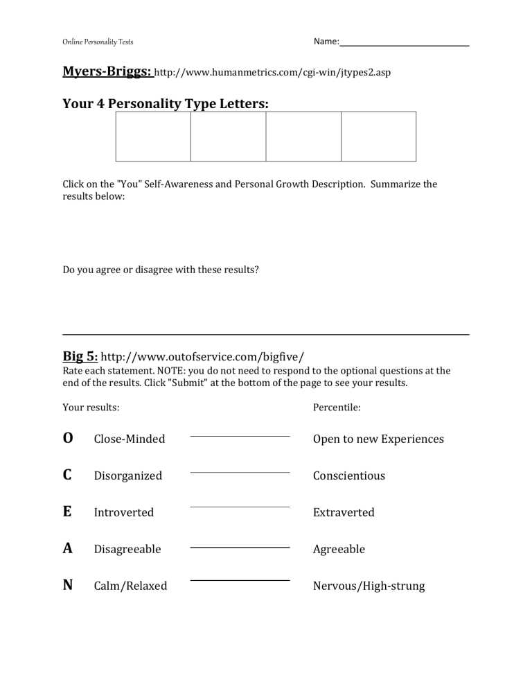 myer briggs test printable