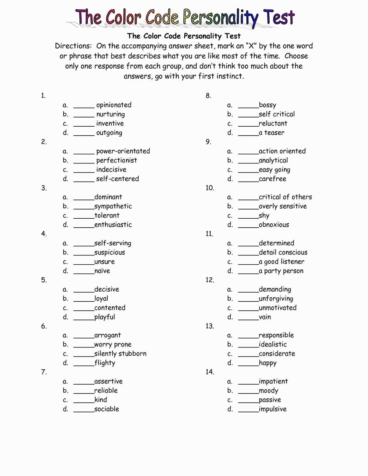 myer briggs test printable