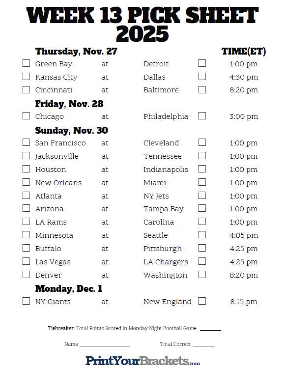 nfl printable schedule week 13 nfl printable schedule week 13