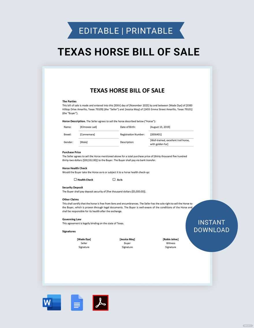 free printable printable horse bill of sale