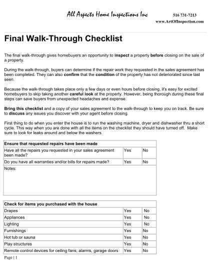 printable home walk through checklist