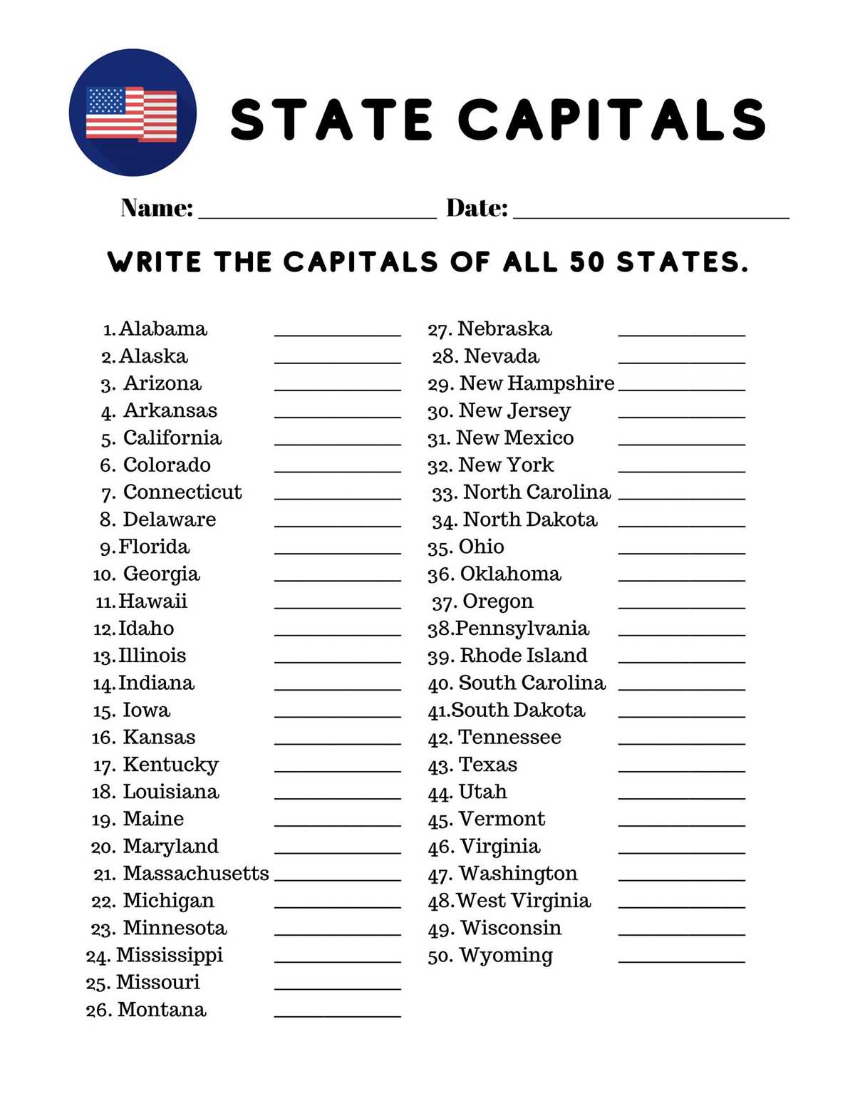 printable list of 50 states and capitals printable list of 50 states and capitals