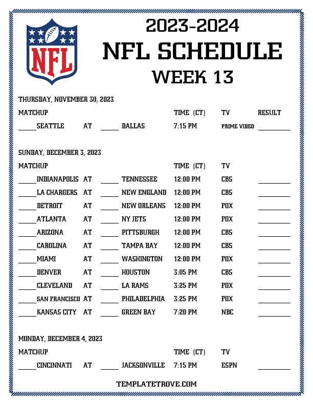 printable nfl schedule week 13 printable nfl schedule week 13