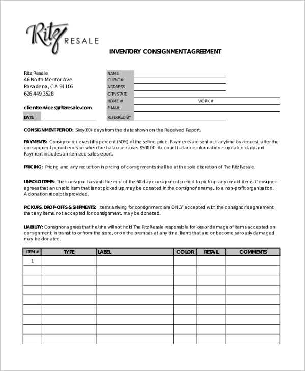 printable retail consignment agreement printable retail consignment agreement
