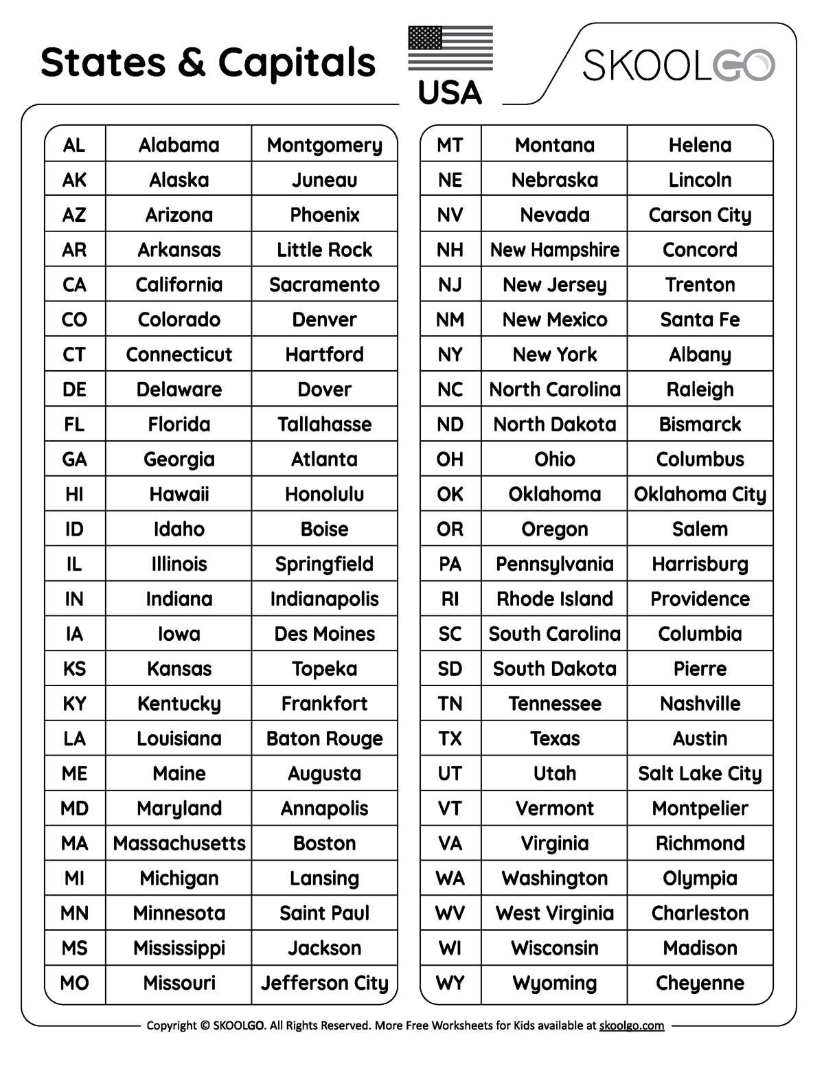 printable states and capitals test