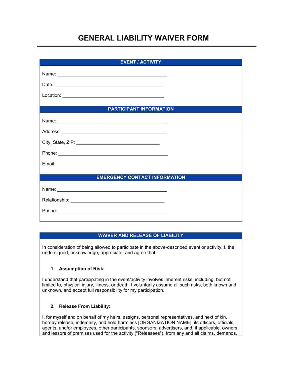 printable waiver of liability form printable waiver of liability form
