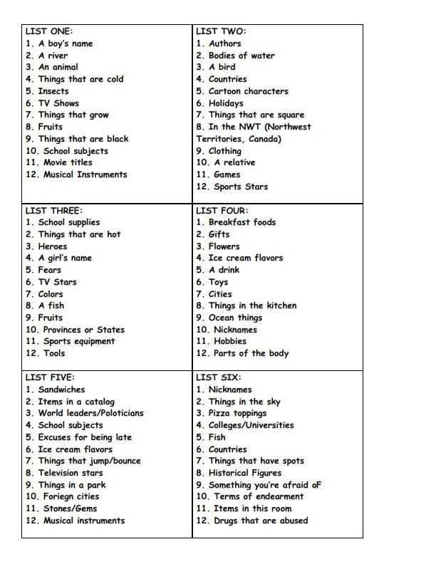 scattergories lists printable