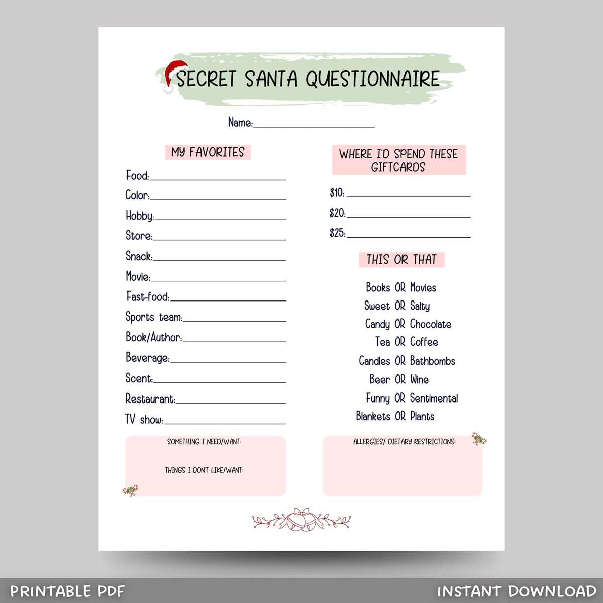 secret santa questions printable